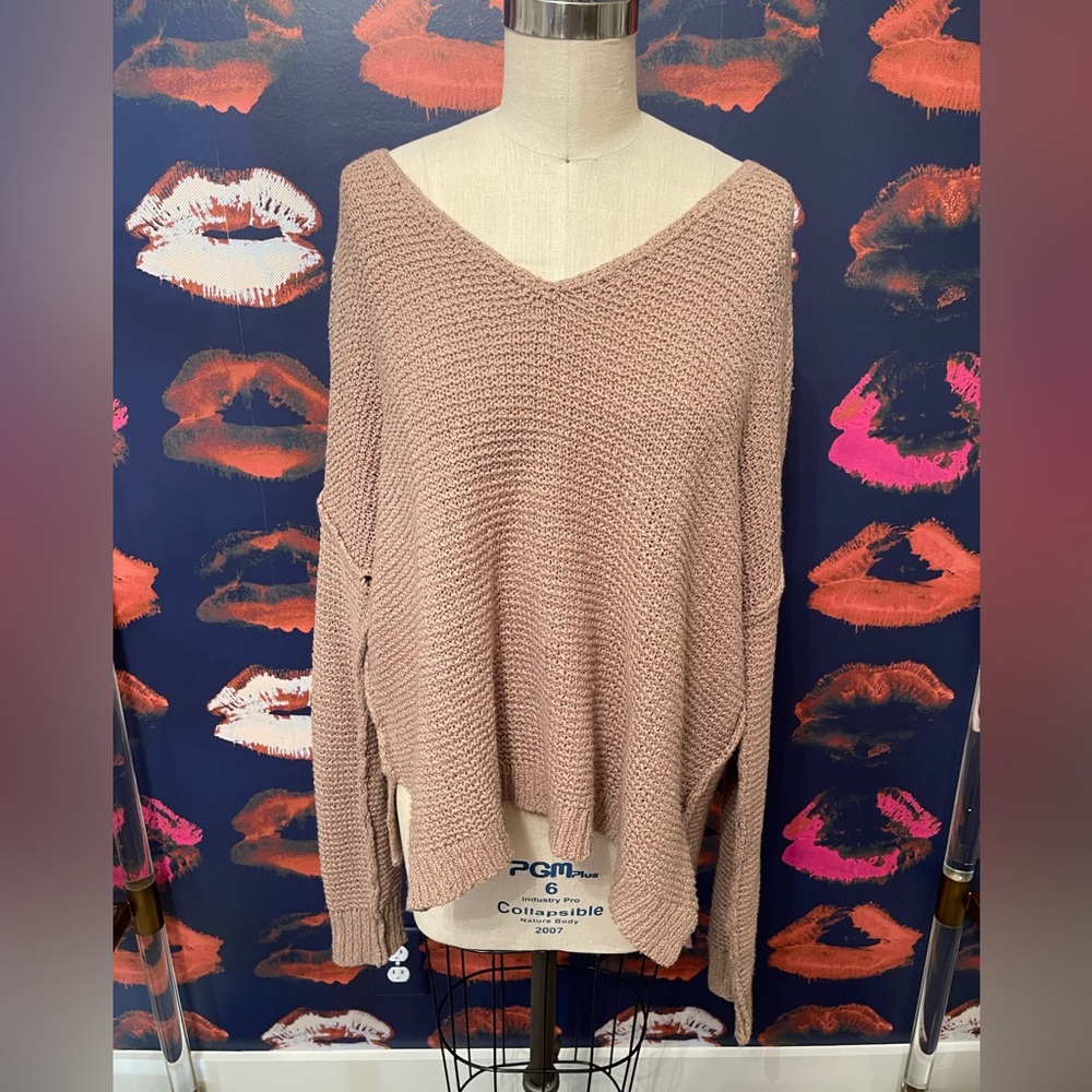 Trendy v neck large knit sweater